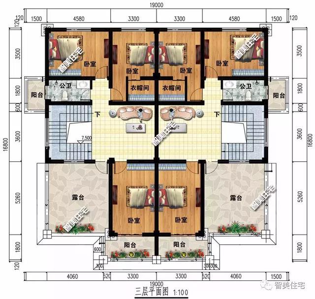 16×16.8米三層兄弟雙拼自建房，平頂設(shè)計戶型