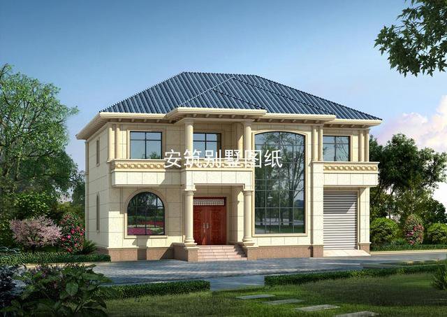 開間15米帶車庫的二層簡單樓房戶型圖，簡歐風(fēng)格