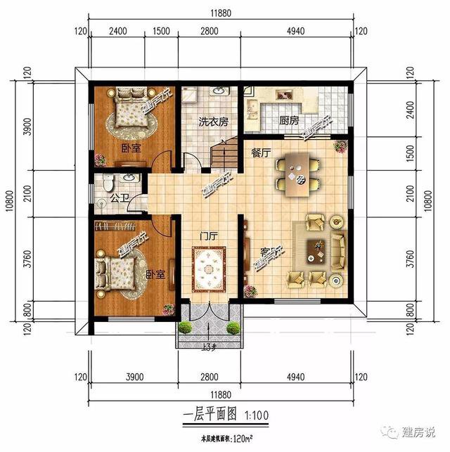 現代風格二層新民居住宅戶型圖，平屋頂設計可以當露臺