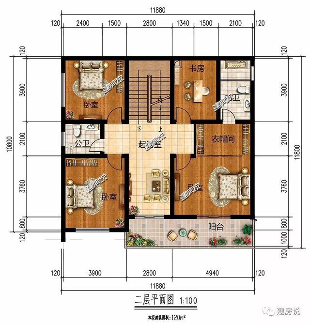 現代風格二層新民居住宅戶型圖，平屋頂設計可以當露臺
