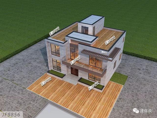 現代風格二層新民居住宅戶型圖，平屋頂設計可以當露臺