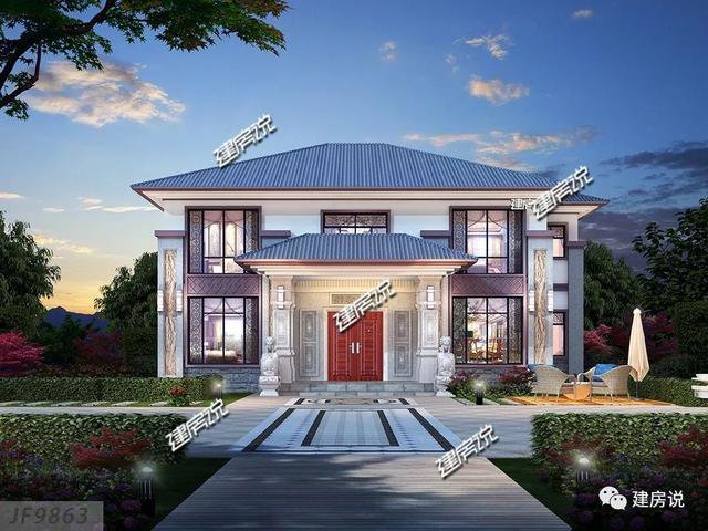 開間16.5米進(jìn)深14米二層新中式別墅圖，回村建一棟高大上別墅