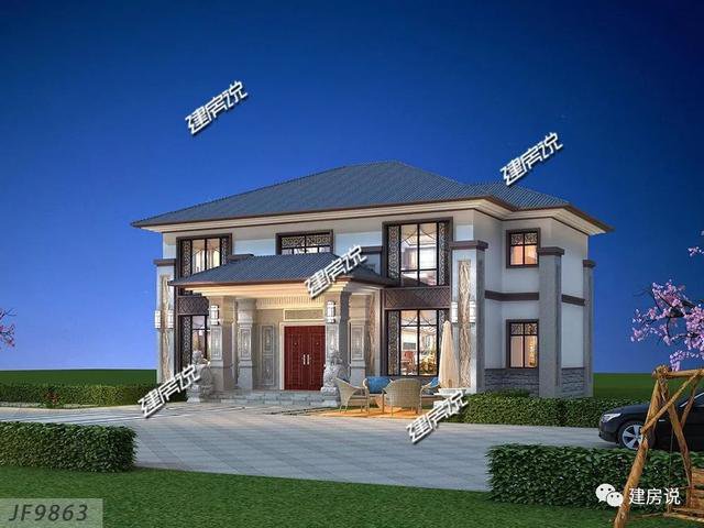 開間16.5米進(jìn)深14米二層新中式別墅圖，回村建一棟高大上別墅