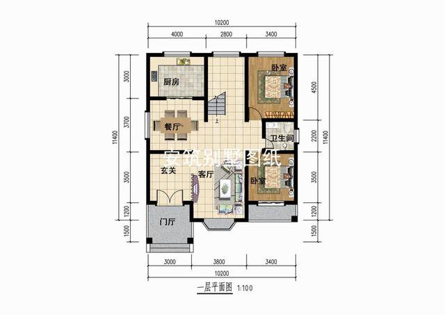 10*11米的二層歐式住宅戶型圖，帶個(gè)小露臺(tái)