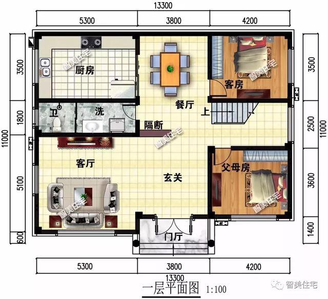 面寬13米的兩層小別墅戶型方案圖，主體20多萬