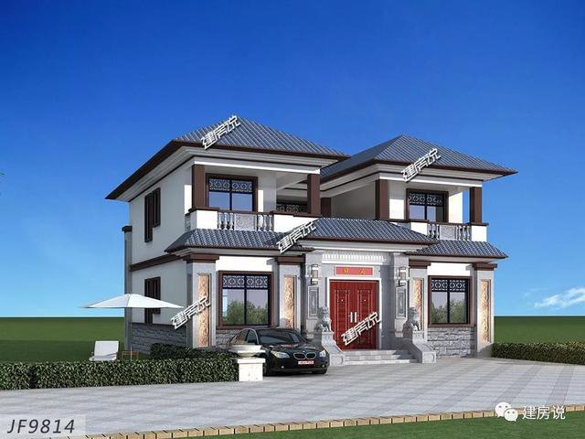 帶天井內(nèi)院的三層新中式別墅設(shè)計(jì)圖，附彩色戶型圖