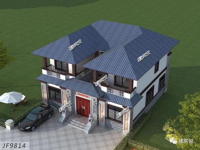 帶天井內(nèi)院的三層新中式別墅設(shè)計(jì)圖，附彩色戶型圖