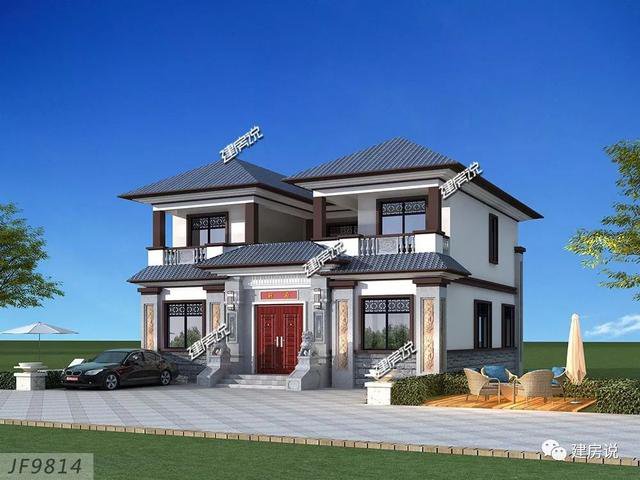 帶天井內(nèi)院的三層新中式別墅設(shè)計(jì)圖，附彩色戶型圖