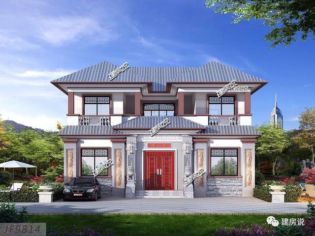 帶天井內(nèi)院的三層新中式別墅設(shè)計(jì)圖，附彩色戶型圖