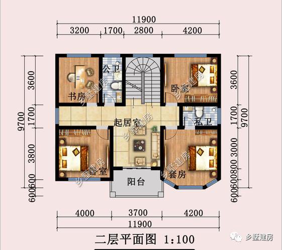 開間11.9米，進(jìn)深9.7米的三層歐式住房戶型圖