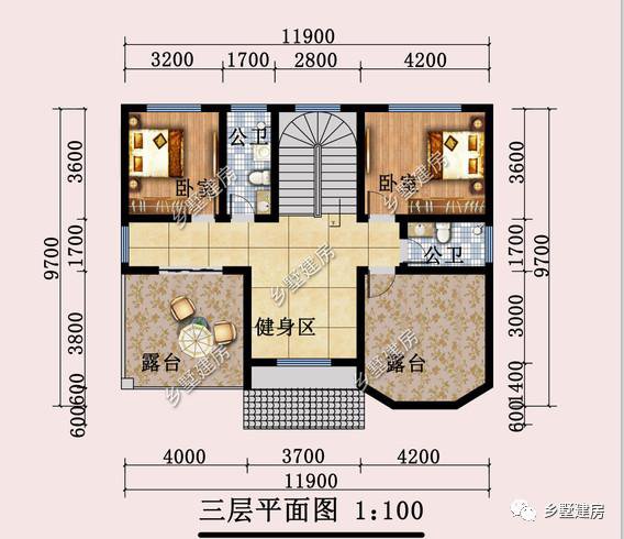 開間11.9米，進(jìn)深9.7米的三層歐式住房戶型圖