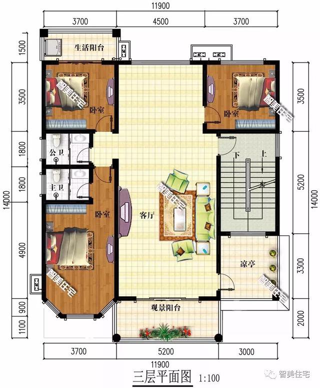 帶露臺涼亭的四層農村自建房戶型方案圖，小亭子很漂亮