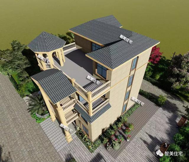 帶露臺涼亭的四層農村自建房戶型方案圖，小亭子很漂亮