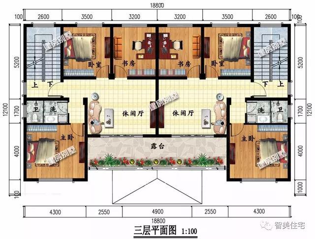 共用堂屋設(shè)計的雙拼別墅戶型方案圖，二層、三層各一套