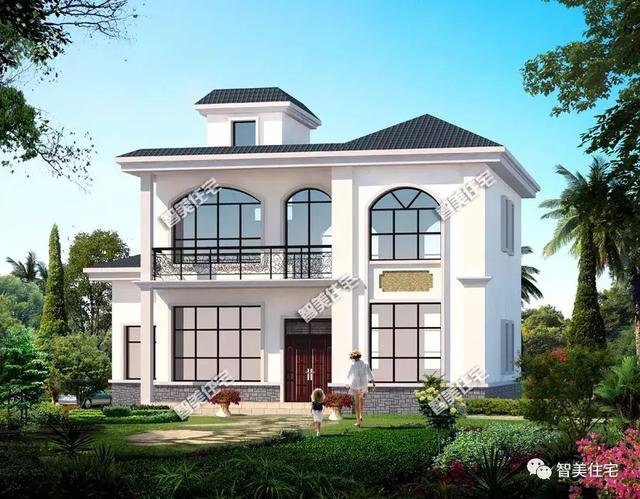 新中式風(fēng)格住宅戶型圖，一個(gè)平屋頂，一個(gè)徽派風(fēng)格