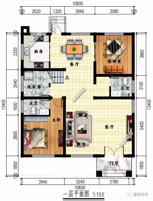 新中式風(fēng)格住宅戶型圖，一個(gè)平屋頂，一個(gè)徽派風(fēng)格