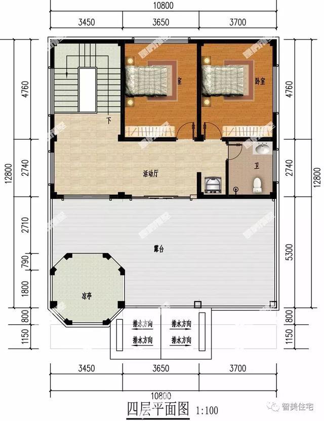 客廳挑空樓頂帶涼亭的四層自建房戶型設計圖，旋轉(zhuǎn)樓梯