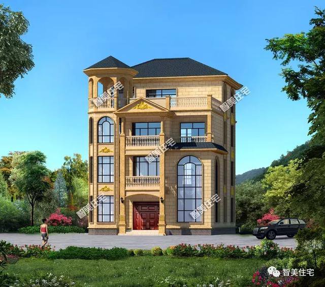 客廳挑空樓頂帶涼亭的四層自建房戶型設計圖，旋轉(zhuǎn)樓梯