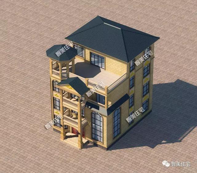 客廳挑空樓頂帶涼亭的四層自建房戶型設計圖，旋轉(zhuǎn)樓梯