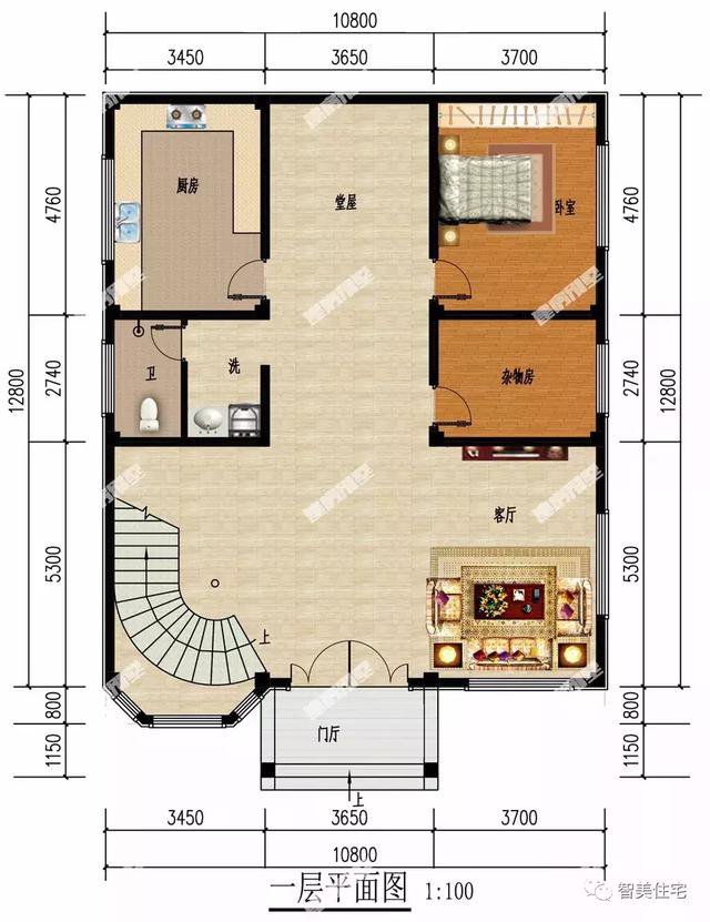 客廳挑空樓頂帶涼亭的四層自建房戶型設計圖，旋轉(zhuǎn)樓梯