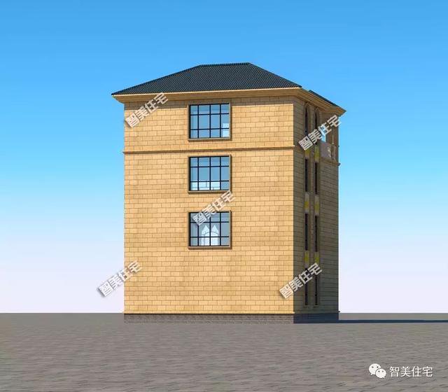 客廳挑空樓頂帶涼亭的四層自建房戶型設計圖，旋轉(zhuǎn)樓梯