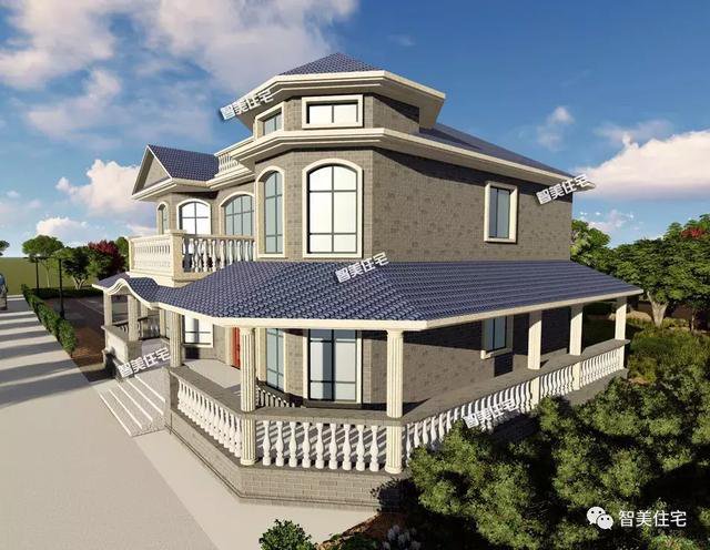 16.9×13.8米農(nóng)村二層半住宅戶型方案圖，純歐式風格