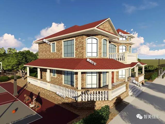 16.9×13.8米農(nóng)村二層半住宅戶型方案圖，純歐式風格