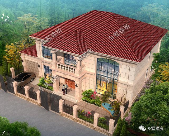 14×13米的二層小洋樓戶型方案圖，復(fù)式中空客廳