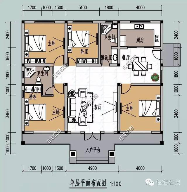 6套一層自建住宅戶型圖，坡屋頂和平屋頂?shù)亩加? src="/uploads/allimg/191011/09341M643-8.jpg" img_width="800" img_height="508" inline="0" style="-webkit-tap-highlight-color: transparent; box-sizing: border-box; border-style: none; max-width: 100%; display: block; margin: 10px auto;" /></p>
<p style="-webkit-tap-highlight-color: transparent; box-sizing: border-box; margin: 16px 0px; padding: 0px; color: rgb(34, 34, 34); font-family: "PingFang SC", "Hiragino Sans GB", "Microsoft YaHei", "WenQuanYi Micro Hei", "Helvetica Neue", Arial, sans-serif; font-size: 16px;">平面布局圖</p>
<p style="-webkit-tap-highlight-color: transparent; box-sizing: border-box; margin: 16px 0px; padding: 0px; color: rgb(34, 34, 34); font-family: "PingFang SC", "Hiragino Sans GB", "Microsoft YaHei", "WenQuanYi Micro Hei", "Helvetica Neue", Arial, sans-serif; font-size: 16px;">4間臥室的設(shè)計(jì)，主臥帶獨(dú)立衛(wèi)生間，另外3間臥室共用1間衛(wèi)生間。</p>
<p style="-webkit-tap-highlight-color: transparent; box-sizing: border-box; margin: 16px 0px; padding: 0px; color: rgb(34, 34, 34); font-family: "PingFang SC", "Hiragino Sans GB", "Microsoft YaHei", "WenQuanYi Micro Hei", "Helvetica Neue", Arial, sans-serif; font-size: 16px;"><img alt=