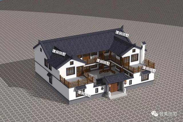 農(nóng)村兩層自建住宅四合院戶型圖，白墻灰瓦