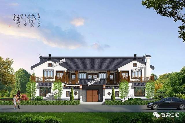 農(nóng)村兩層自建住宅四合院戶型圖，白墻灰瓦