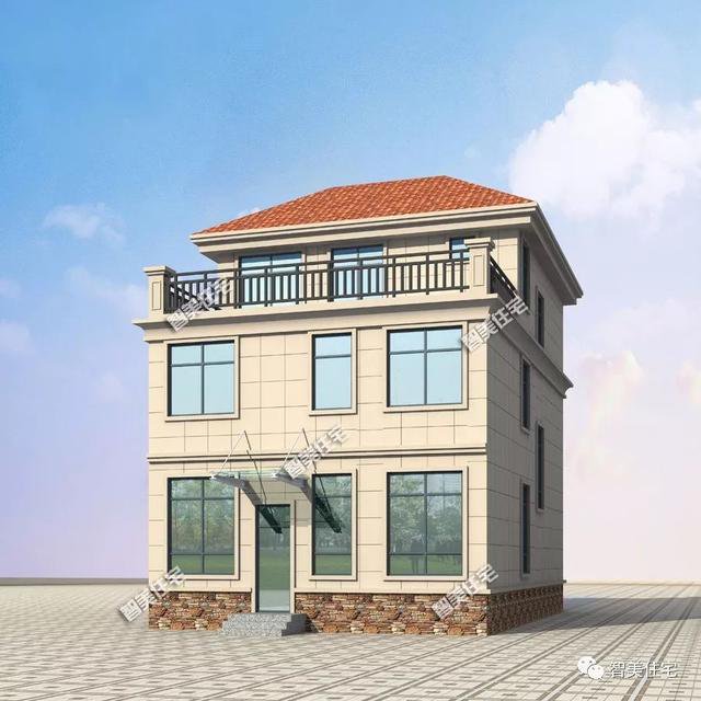 一棟小面寬的三層簡約住房戶型圖，面寬僅8.5米