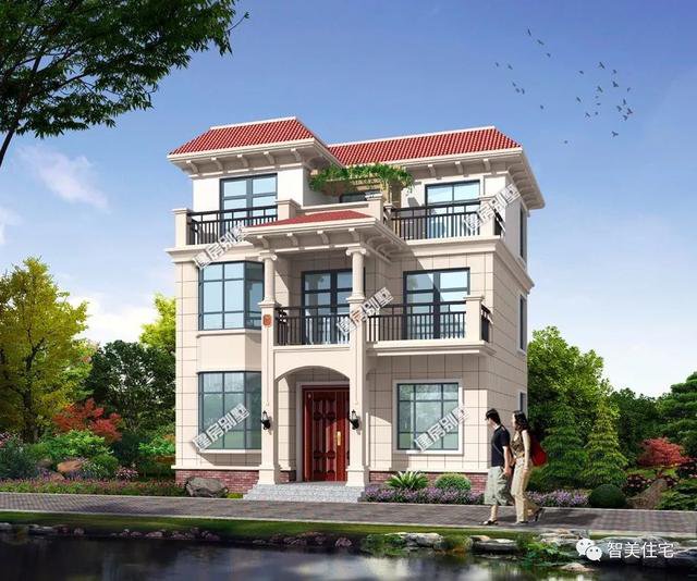 面寬9米平屋頂三層簡約住房戶型方案圖，兩層半帶露臺