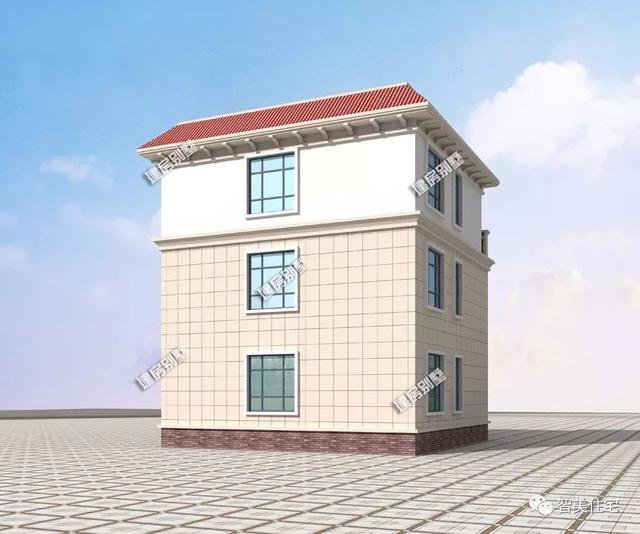 面寬9米平屋頂三層簡約住房戶型方案圖，兩層半帶露臺