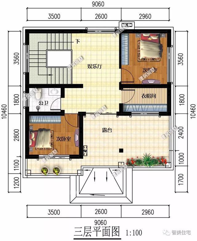 面寬9米平屋頂三層簡約住房戶型方案圖，兩層半帶露臺