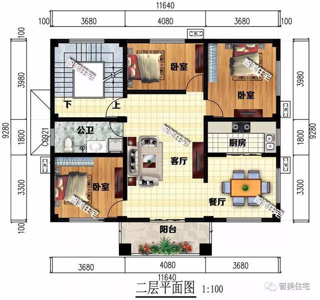 11.6×9.2米農(nóng)村自建房戶型圖，平屋頂加大露臺設計