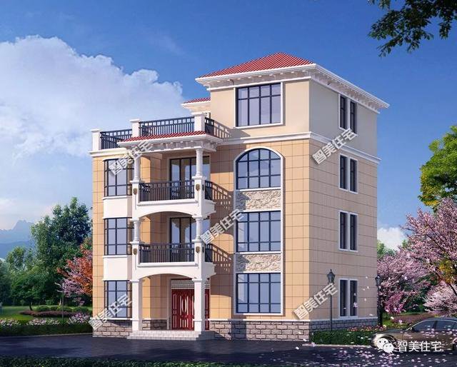 旋轉(zhuǎn)樓梯配中空客廳4層自建樓房設(shè)計圖，實用，大氣