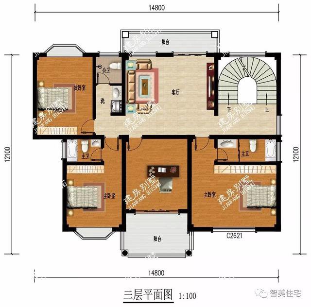 旋轉(zhuǎn)樓梯配中空客廳4層自建樓房設(shè)計圖，實用，大氣