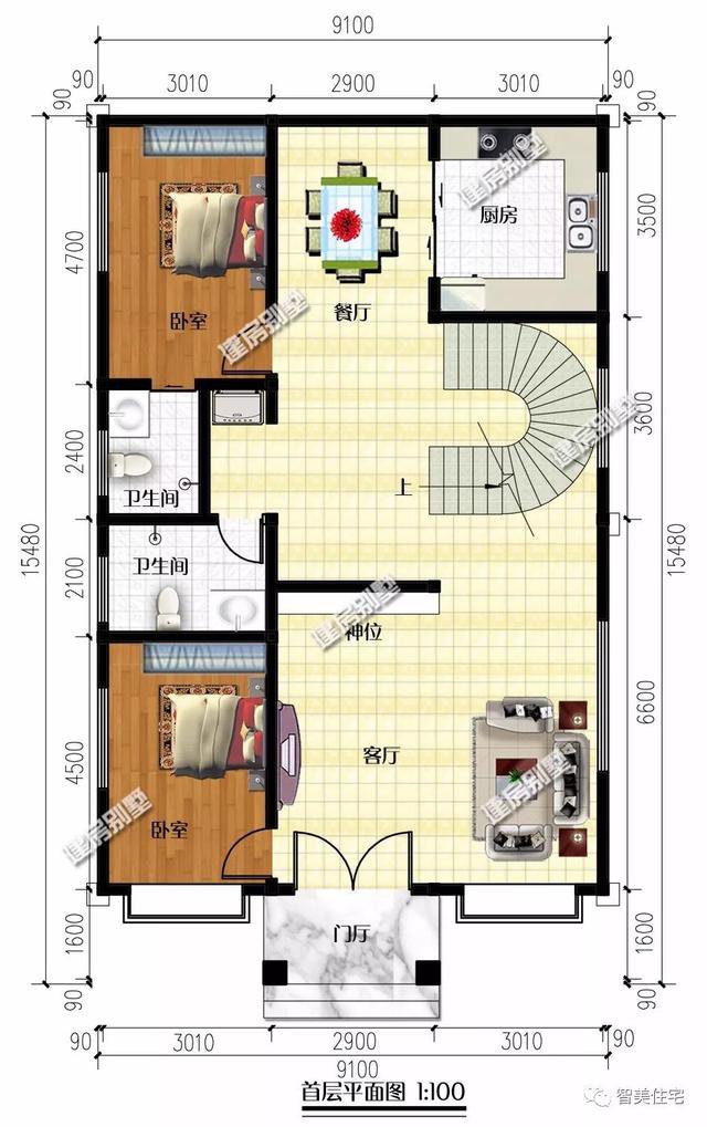 面寬8-9米的農(nóng)村四層自建樓房戶型方案圖，小宅基地首選