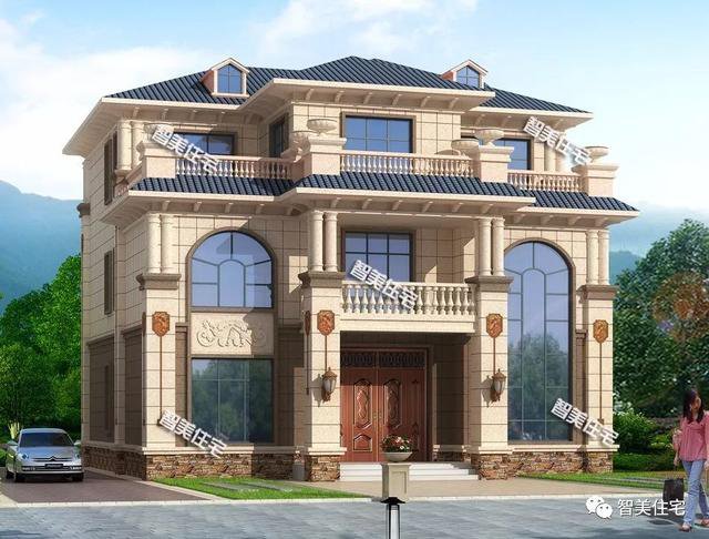 客廳挑空帶堂屋三層歐式自建房圖，湖南、湖北建的多