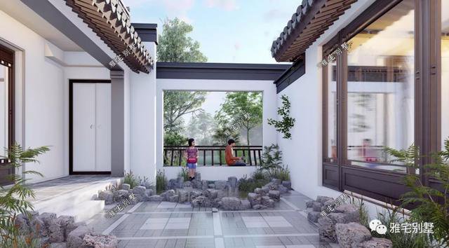 農(nóng)村中式合院別墅戶型方案圖，連廊入戶，院內(nèi)水景