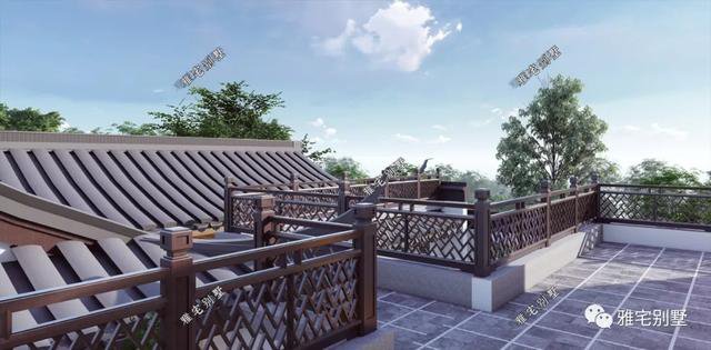 農(nóng)村中式合院別墅戶型方案圖，連廊入戶，院內(nèi)水景