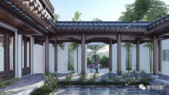 農(nóng)村中式合院別墅戶型方案圖，連廊入戶，院內(nèi)水景