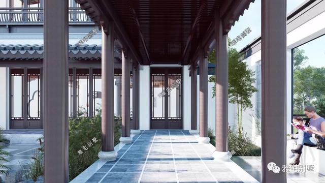 農(nóng)村中式合院別墅戶型方案圖，連廊入戶，院內(nèi)水景