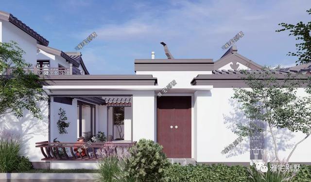 農(nóng)村中式合院別墅戶型方案圖，連廊入戶，院內(nèi)水景