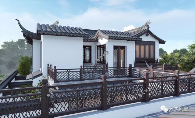 農(nóng)村中式合院別墅戶型方案圖，連廊入戶，院內(nèi)水景