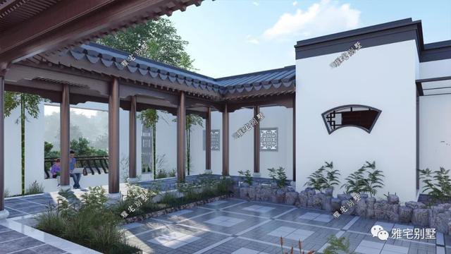 農(nóng)村中式合院別墅戶型方案圖，連廊入戶，院內(nèi)水景