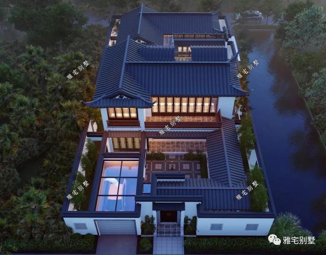 農(nóng)村中式合院別墅戶型方案圖，連廊入戶，院內(nèi)水景