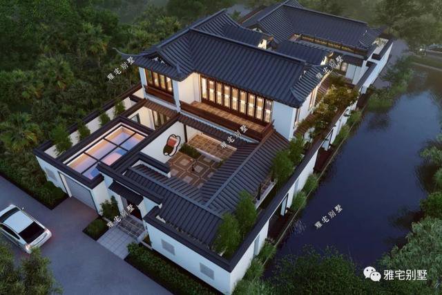 農(nóng)村中式合院別墅戶型方案圖，連廊入戶，院內(nèi)水景