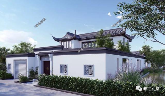 農(nóng)村中式合院別墅戶型方案圖，連廊入戶，院內(nèi)水景